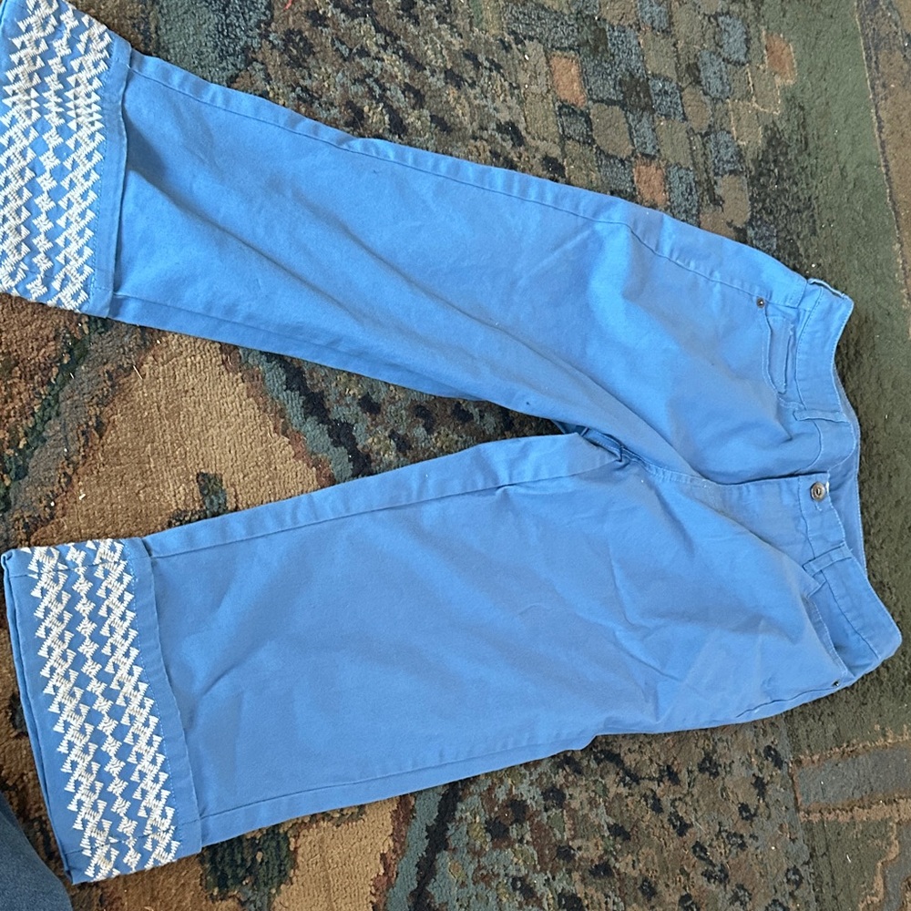 Blue Straight Leg Jeans with White Embroidery